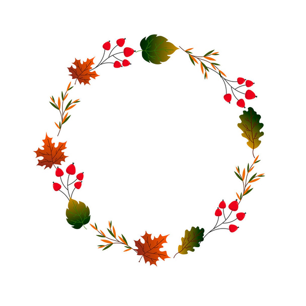 Round frame with autumn leaves and red berries. Hello, Autumn.  - Vector, Image