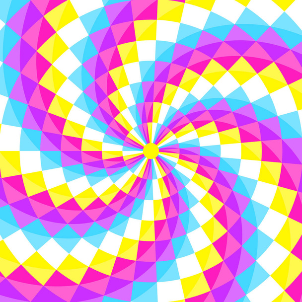Abstrakter geometischer Hintergrund, festliches Muster mit unterschiedlichen spiralförmigen Formen. Leuchtende und lebhafte Farben im Neon-Stil der 80er und 90er Jahre. Vektorillustration für Parteien und Plakate. - Vektor, Bild