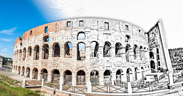 Das Kolosseum in Rom in Italien, zwischen Zeichnung und Realität  - Foto, Bild