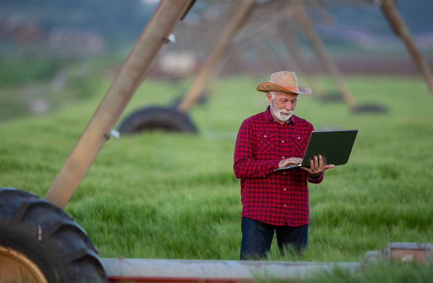Agricultor sênior segurando laptop e em pé sob sistema de irrigação - Foto, Imagem