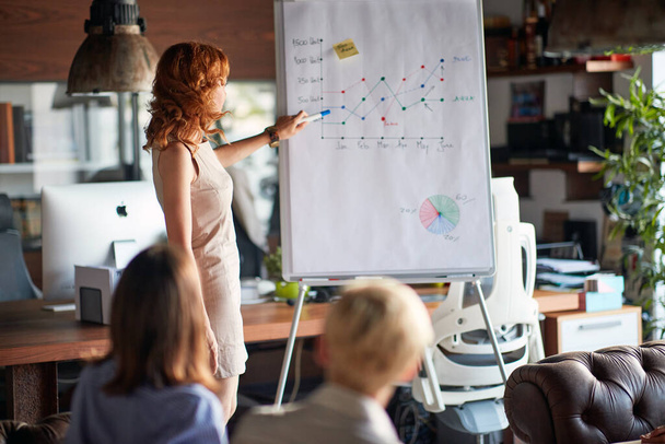 A young business woman is explaining the graph on the panel during a presentation in a pleasant atmosphere at workplace. Business, office, job - Foto, Imagen