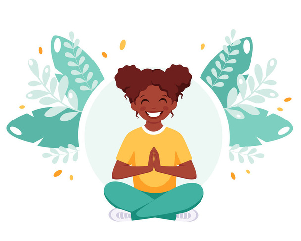 Chica negra meditando en pose de loto. Gimnasia, meditación para niños. Ilustración vectorial - Vector, imagen