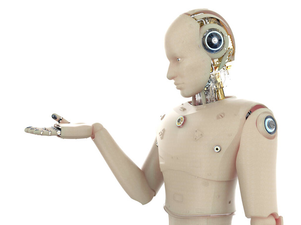 3d robot de renderizado mano abierta con piel humana aislada en blanco - Foto, Imagen