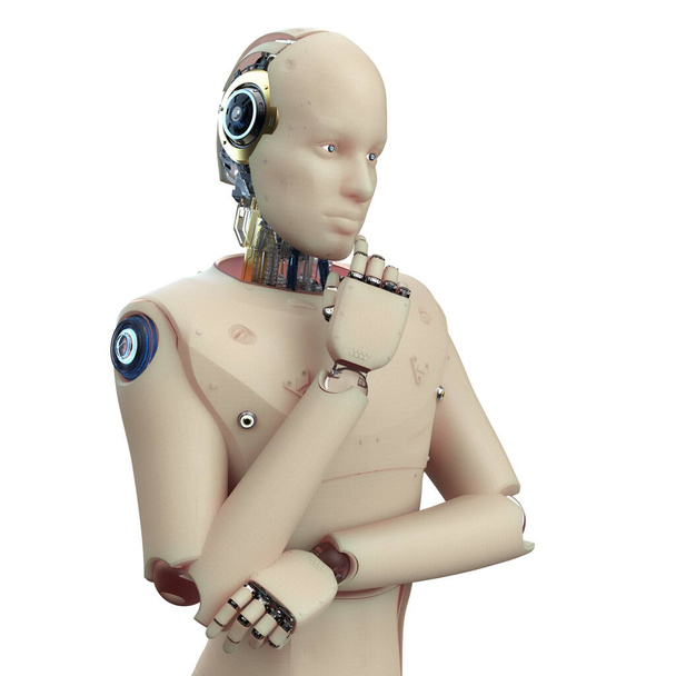 3D απόδοση ai ρομπότ με ανθρώπινο δέρμα σκέφτονται ή να αναλύσουν απομονώνονται σε λευκό - Φωτογραφία, εικόνα