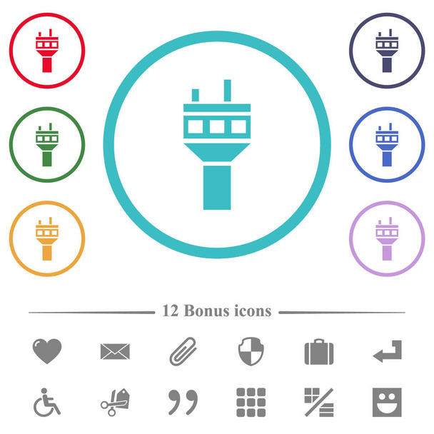 Air control tower flat color icons in circle shape outlines. 12 bonus icons included. - Vector, Image