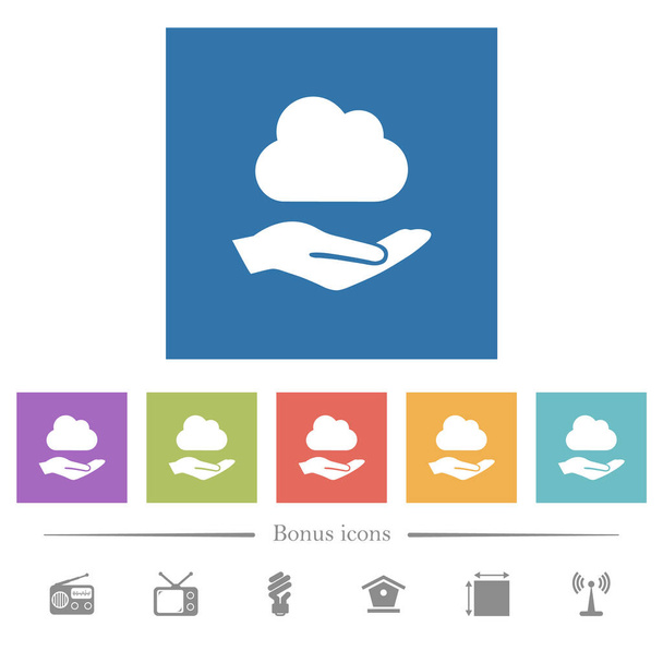 Cloud-Dienste flache weiße Symbole in quadratischem Hintergrund. 6 Bonussymbole enthalten. - Vektor, Bild