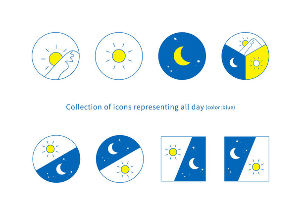 Mattina, giorno e notte, mattina e notte illustrazione di immagini, set di icone 8 tipi (disegno a linee, blu) - Vettoriali, immagini