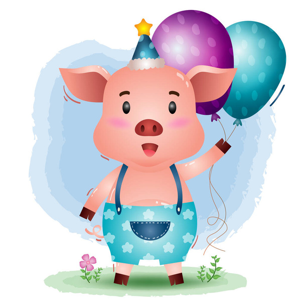 roztomilé prase pomocí narozeninové čepice a drží balón - Vektor, obrázek