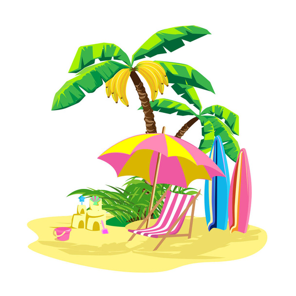 Tropical beach with palm trees, umbrellas and sun loungers in cartoon style. Summer vacation by the sea vector illustration isolated on white background for flyer, poster or postcard - Вектор,изображение