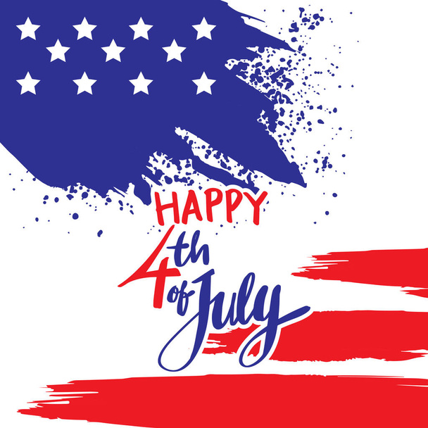 Szczęśliwego 4 lipca z amerykańską flagą. Tekst pisany ręcznie na kartce okolicznościowej - Wektor, obraz
