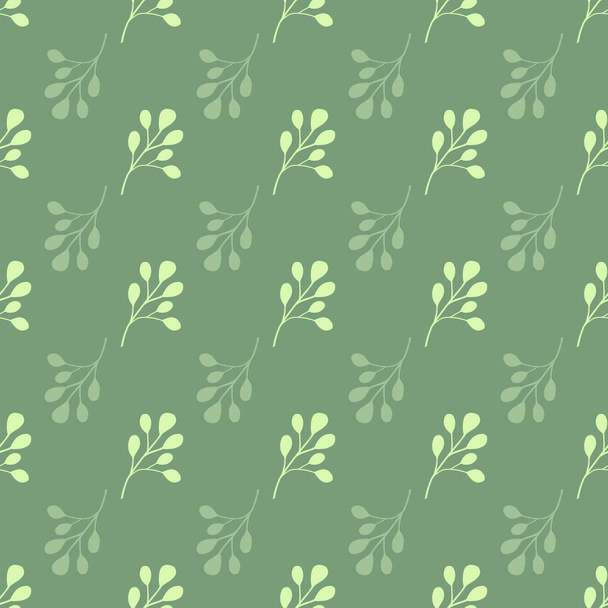Gekritzeltes nahtloses Muster mit einfachen Eukalyptusblattelementen. Pastellgrüner Hintergrund. Entwickelt für Stoffdesign, Textildruck, Verpackung, Einband. Vektorillustration. - Vektor, Bild