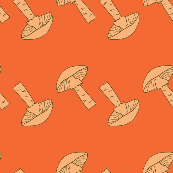 Beige contoured mushroom elements seamless pattern in doodle style. Bright orange background. Seasonal print. Graphic design for wrapping paper and fabric textures. Vector Illustration. - Vetor, Imagem