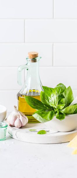 Pesto Ingredients: Fresh Basil, Pine Nuts, Olive Oil and Cheese, banner, copy space for your text - Zdjęcie, obraz
