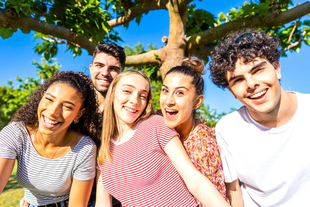 Grupa pięciu bardzo szczęśliwych przyjaciół bawiących się w parku, pozujących przed kamerą na portret. Gen z wielorasowe beztroskie młode kobiety i mężczyźni razem w parku miejskim życia natury w letnim słońcu - Zdjęcie, obraz