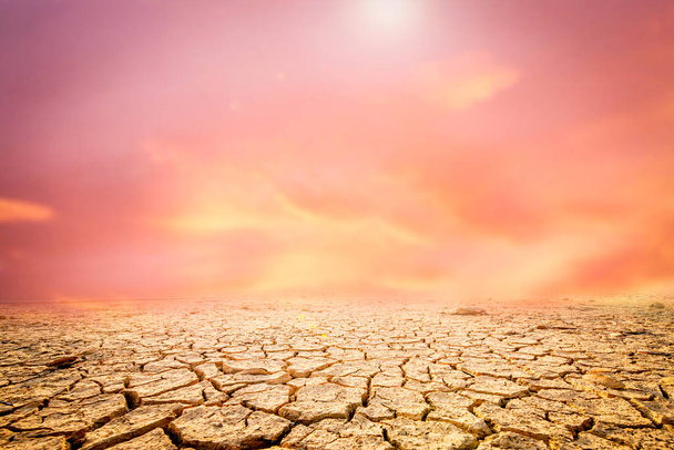 De foto toont het effect van droogte, gebarsten grond, geen seizoensregen. Omdat veroorzaakt door de opwarming van de aarde. aardopwarmingsconcept - Foto, afbeelding