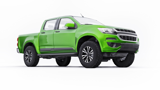 Grüner Pickup auf weißem Hintergrund. 3D-Darstellung - Foto, Bild