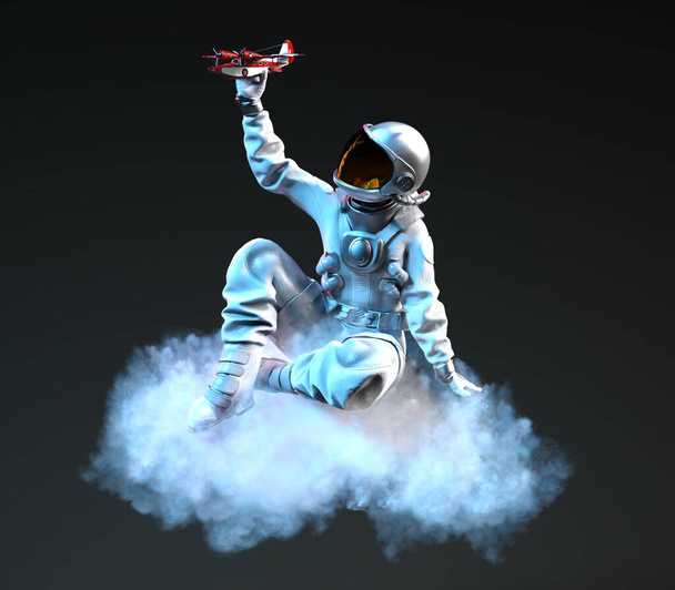 Astronauta sentado en una nube sostiene un pequeño avión en su mano, fondo negro. Ilustración 3D - Foto, imagen