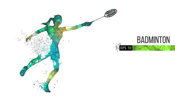 Abstract silhouet van een wireframe badmintonspeler uit deeltjes op de achtergrond. Handige organisatie van eps-bestand. Vectorillusie. - Vector, afbeelding