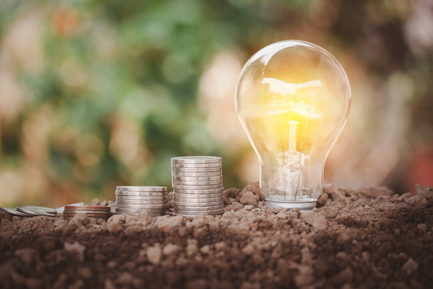Energiesparlampen auf dem Boden und Geldstapeln von Münzen sehen aus wie Stromsparen, Lebensenergie auf natürlichem Bokeh-Hintergrund. - Foto, Bild