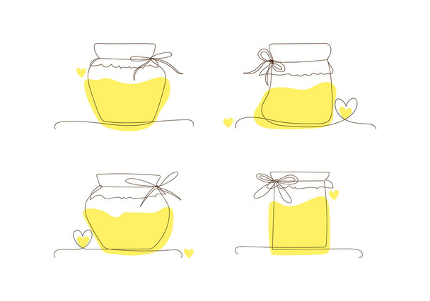 Definir linha de arte frascos de vidro enlatados para mel, outono e preservação do inverno. Esboço, doodle, estilo esboço, silhueta linear, um estilo de desenho de linha. Alimentos conservados, frascos com manchas amarelas e corações - Vetor, Imagem