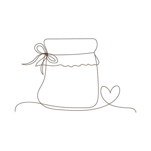 Simple line art glass canning jar with heart. Preserved food, jar for jam, for honey, autumn and winter preservation. Simple sketch, black line, outline style, linear silhouette, one line drawing. - Vector, Image