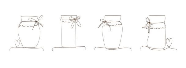 Set line art glass canning jars. Preserved food, jars for jam, for honey, autumn and winter preservation. Simple sketch, black line, doodle, outline style, linear silhouette, one line drawing style. - Vector, Image