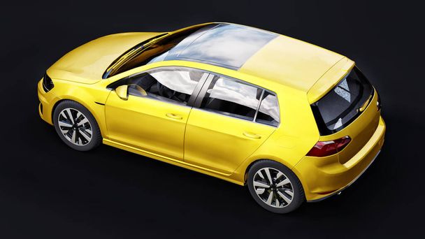 Žluté malé rodinné auto hatchback na černém pozadí. 3D vykreslování - Fotografie, Obrázek