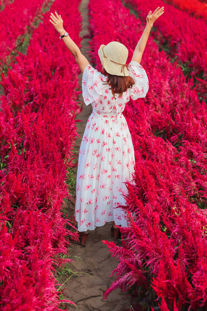 Женщина в винтажном платье стоит одна в красном цветочном саду зимним утром, чтобы встретить своего любовника в День Святого Валентина. Понятие веры и силы веры в Бога. - Фото, изображение