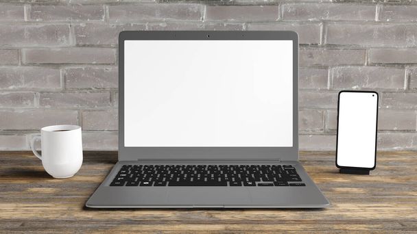 机の上にノートパソコンと携帯電話のモックアップとコーヒーカップ。モデルを画面に配置できます。Webやアプリケーションのデザインを提示するのに最適です。三次元イラスト. - 写真・画像