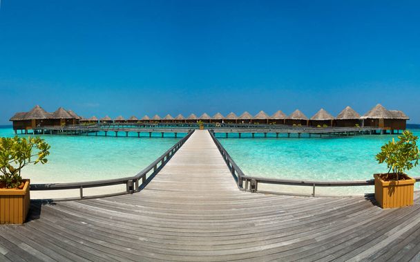 Niesamowita szeroka panorama tropikalnej wyspy Malediwów. Egzotyczne tło plaży z niebieską laguną, turkusową wodą i palmami w słoneczny dzień. Wakacje, wakacje i romantyczny miesiąc miodowy podróży przeznaczenia. - Zdjęcie, obraz