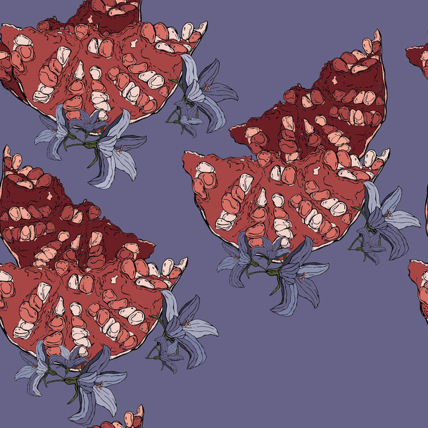 vector illustration seamless pattern,pomegranate slice,small blue flowers on a blue background for wallpaper or fabric - Vektör, Görsel