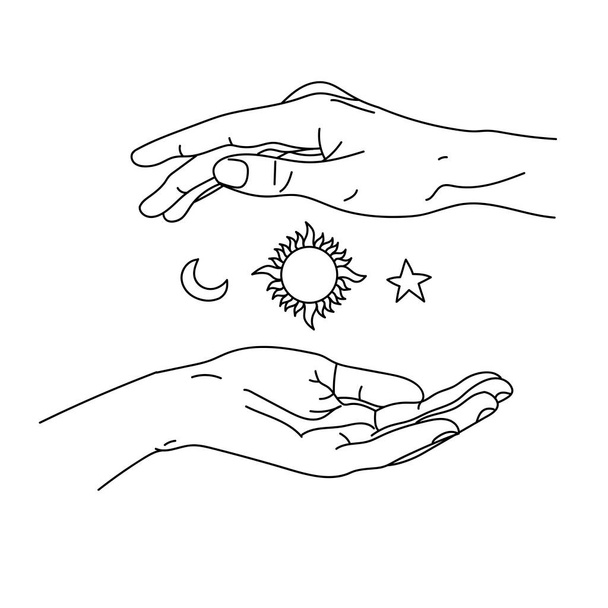 Vektorový obraz lineárně kreslených rukou držících nebeská tělesa - Vektor, obrázek