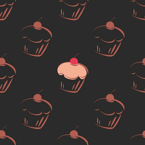 naadloze vector donker patroon of tegel textuur met chocolade cupcakes, muffins, zoete cake en roze hart en bruine achtergrond. - Vector, afbeelding