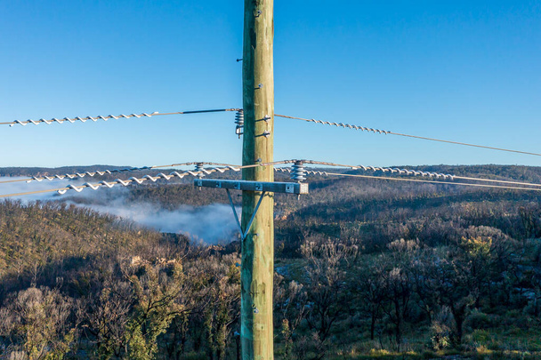 Повітряна фотографія безпілотника телефонного полюса та дротів у лісі, постраждалому від пожеж
 - Фото, зображення