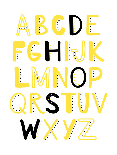 Grazioso alfabeto divertente. ABC giallo e nero. Illustrazione dello stock vettoriale disegnato a mano. - Vettoriali, immagini