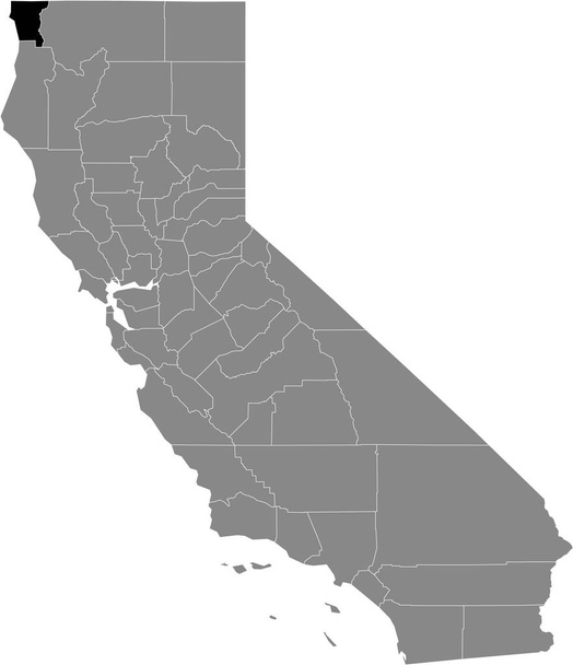 Mappa dettagliata nera della contea US Del Norte all'interno della mappa grigia dello Stato Federale della California, USA - Vettoriali, immagini