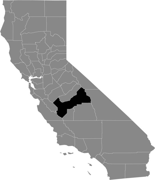 Carte de localisation en surbrillance noire du comté américain de Fresno à l'intérieur de la carte grise de l'État fédéral de Californie, États-Unis - Vecteur, image