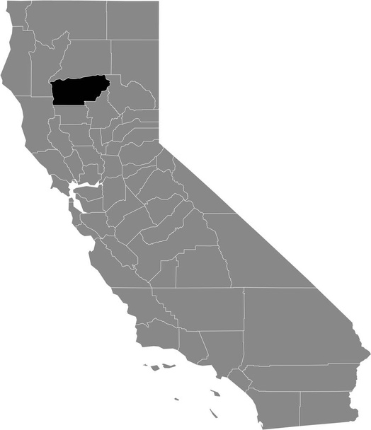 Mappa dettagliata nera della contea di Tehama (Stati Uniti) all'interno della mappa grigia dello Stato Federale della California (Stati Uniti) - Vettoriali, immagini