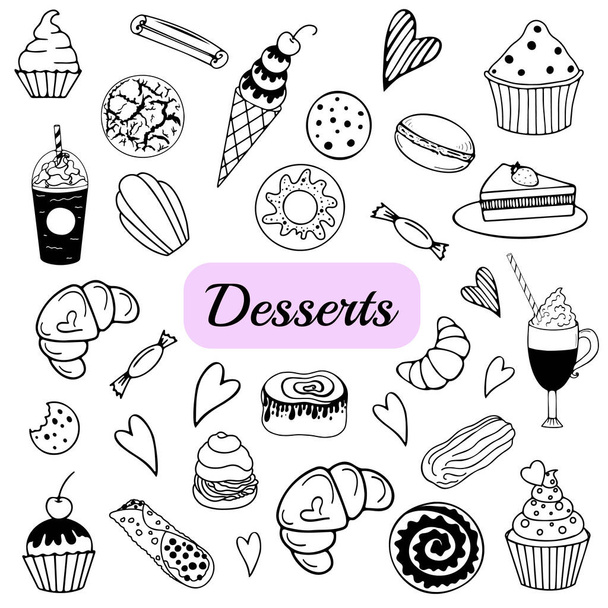 Illustrazione vettoriale di doodle di dessert. Bel set. Icone semplici per il menu. - Vettoriali, immagini