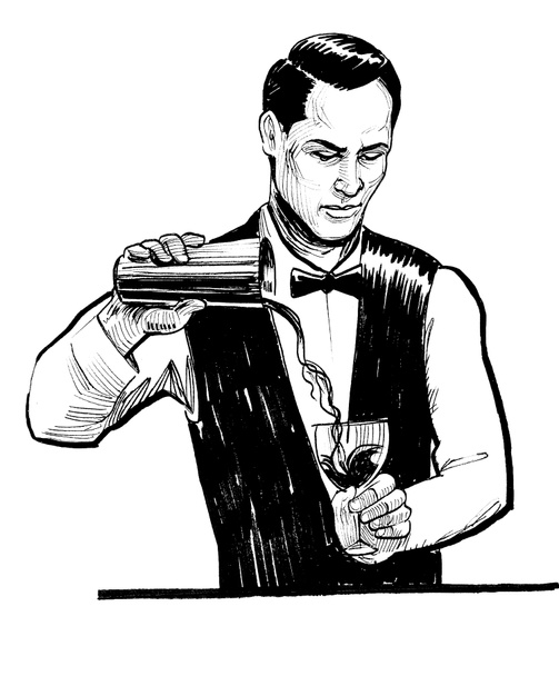 Barman dělá koktejl. Černobílá kresba inkoustu - Fotografie, Obrázek
