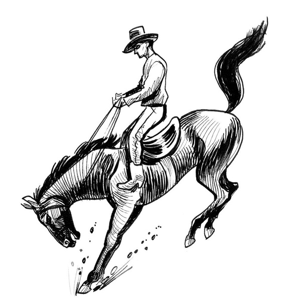 Vaquero de rodeo montando un caballo salvaje. Dibujo en blanco y negro de tinta - Foto, Imagen