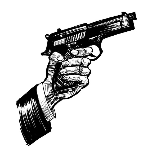 Mão com uma pistola. Tinta desenho preto e branco - Foto, Imagem