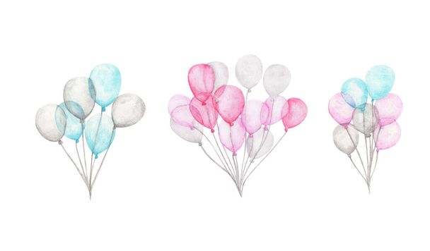 Акварельні повітряні кулі. Ручна пофарбована пачка вечірок рожевих, синіх, білих кульок. Ізольовані на білому тлі. Декор вітання
. - Фото, зображення