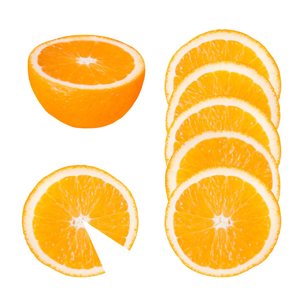 Tres fotos de media naranja y diferentes rebanadas, aisladas sobre fondo blanco - Foto, imagen
