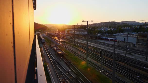 Sunset at Wien Huetteldorf Train Station in Vienna, Austria with Railway Tracks From Above - Footage, Video