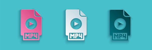 Papiergeschnittene MP4-Datei Dokument. Herunterladen mp4-Taste Symbol isoliert auf blauem Hintergrund. MP4-Dateisymbol. Papierkunst. Vektor - Vektor, Bild