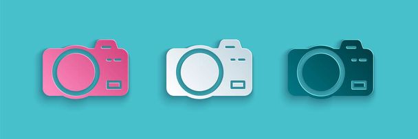 Paper cut Photo camera icon isolated on blue background. Foto camera. Digital photography. Paper art style. Vector - Vector, Image