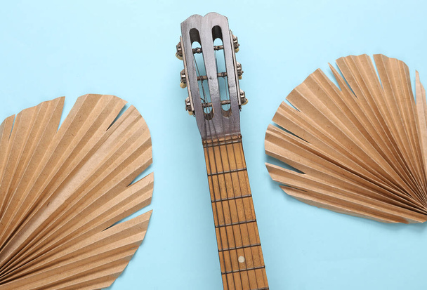 Guitarra acústica y hojas secas tropicales de palma sobre fondo azul - Foto, Imagen