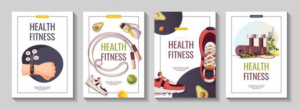 set di carte con attrezzi, scarpe da ginnastica e scritte per il fitness alimentare e salute - Vettoriali, immagini