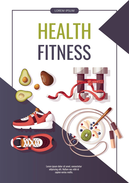 cartaz tema fitness saúde com alimentos e equipamentos de treinamento - Vetor, Imagem